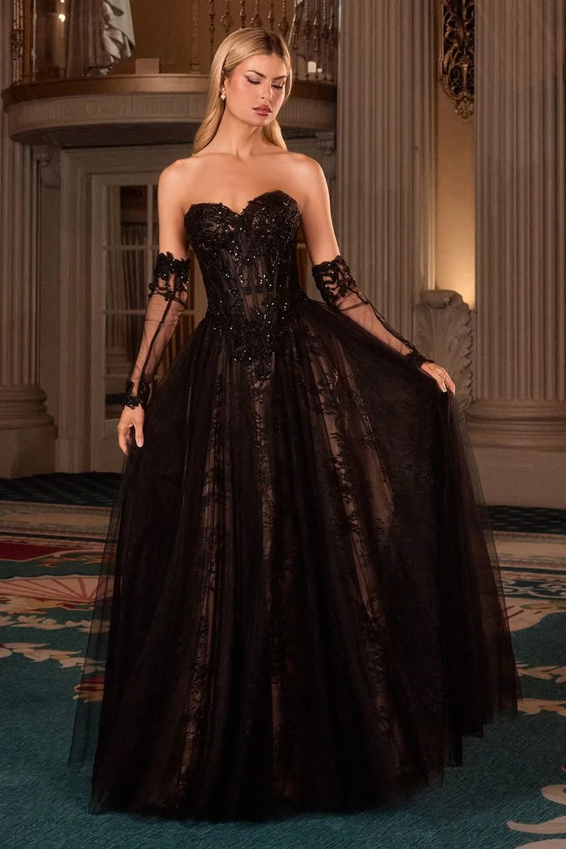 LaDivine CD717 Long Formal A Line Lace Applique Prom Gown - Primitiveus