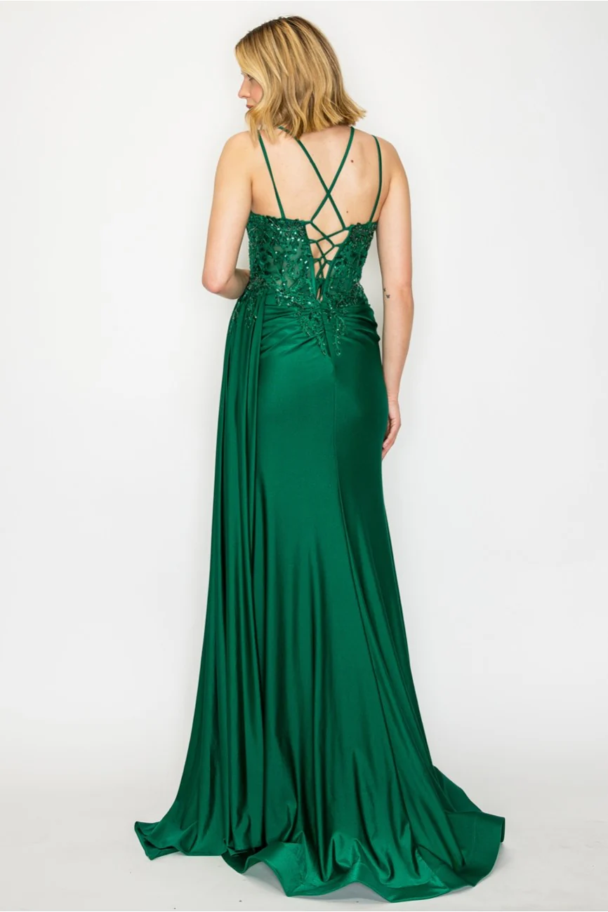 High Couture MJ1014 Prom Long Corset Slit Fitted Formal Dress - Primitiveus