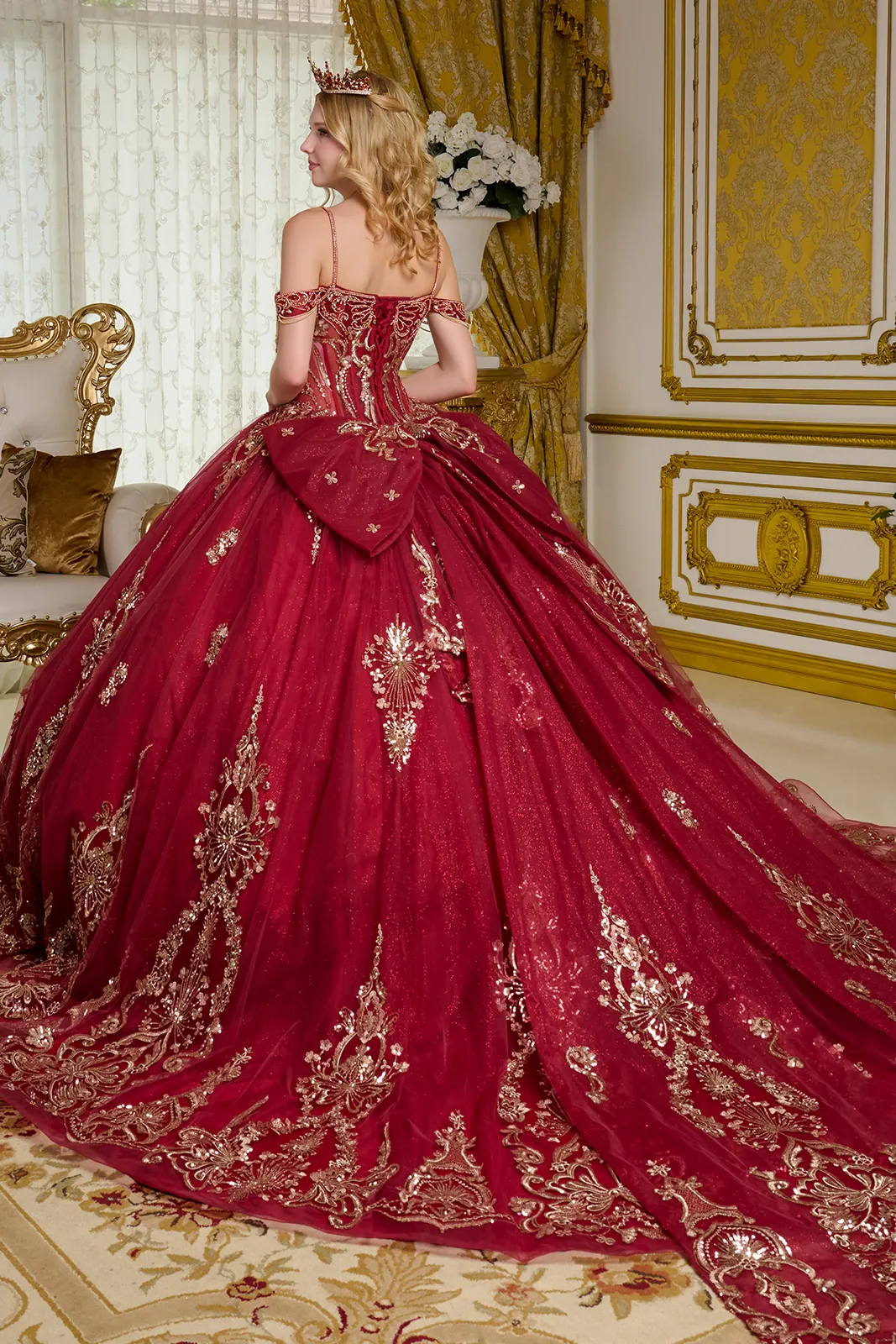 Glitter Long Ball Gown Mettalic Quinceanera Dress - Primitiveus