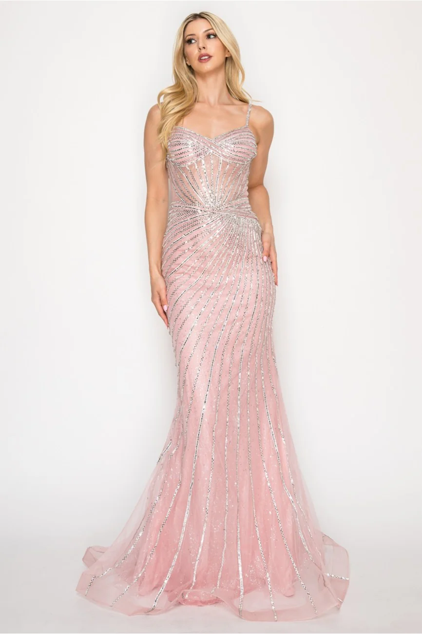 High Couture HC1006 Fitted Long Formal Beaded Corset Prom Gown - Primitiveus