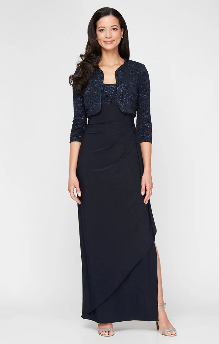 Alex Evenings 225196 Petite Glitter Long Mother of the Bride Bolero Jacket Dress - Primitiveus