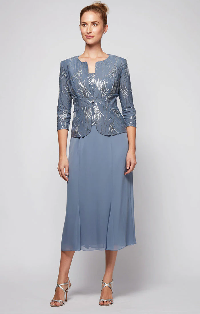 Alex Evenings 2962675 Tea Length Mother of the Bride Short Sequin Jacket Dress - Primitiveus