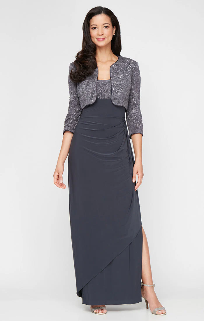 Alex Evenings 225196 Petite Glitter Long Mother of the Bride Bolero Jacket Dress - Primitiveus